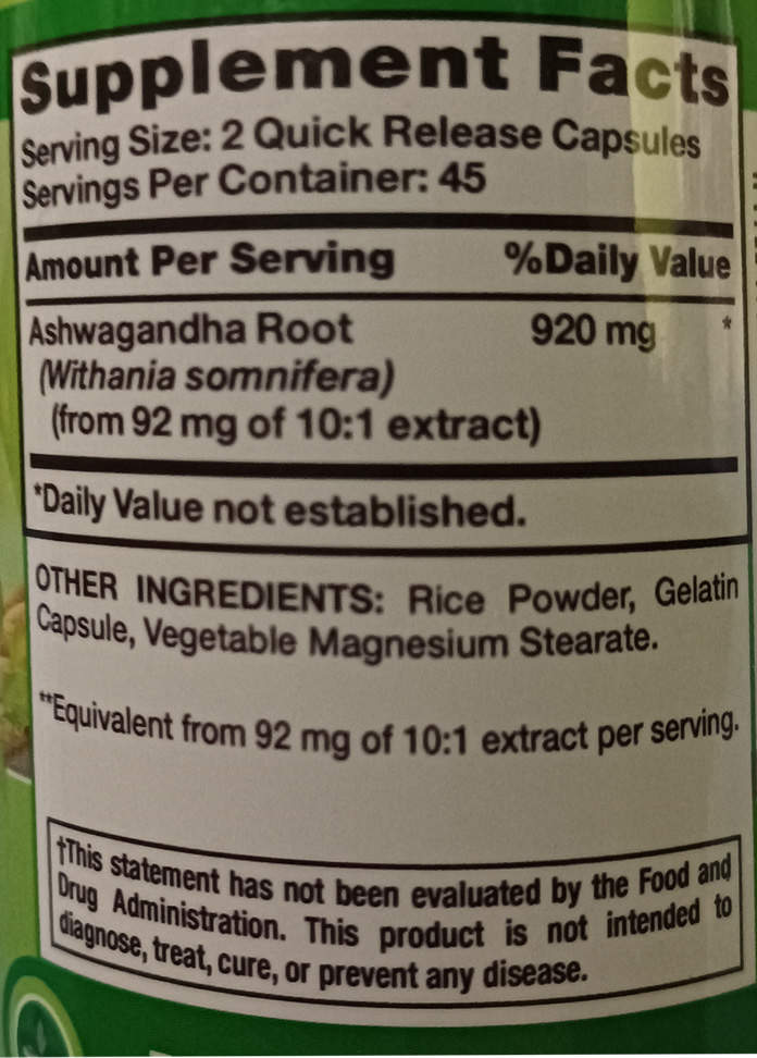 Ashwagandha Natures Truth Información Nutricional