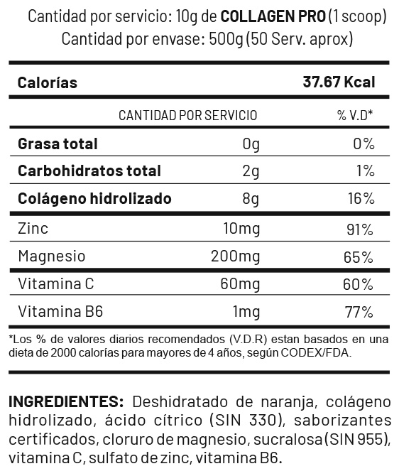 Collagen Pro UN Información Nutricional