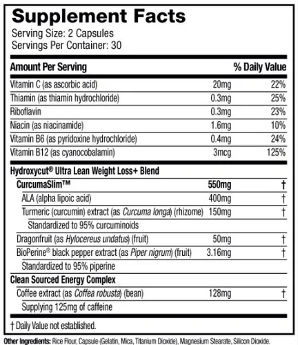 HydroxyCut Ultra Lean Información Nutricional