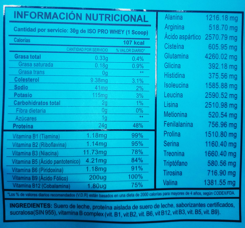 ISO Pro Whey Información Nutricional