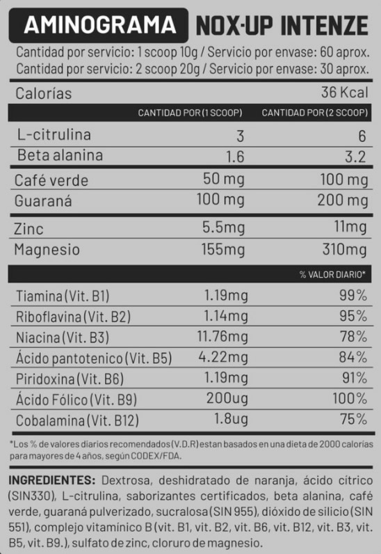 Nox Up Intenze UN Información Nutricional