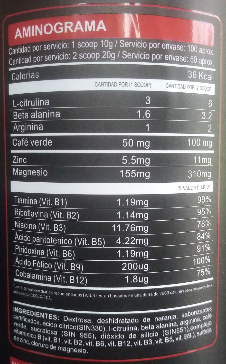 One Pre Nox INN Información Nutricional