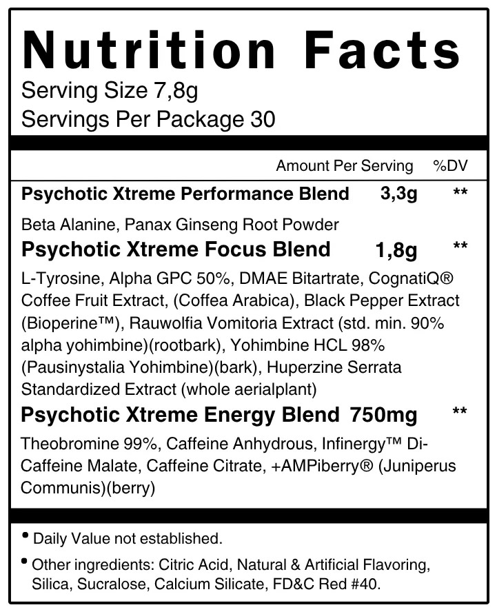 Psychotic Xtreme Información Nutricional