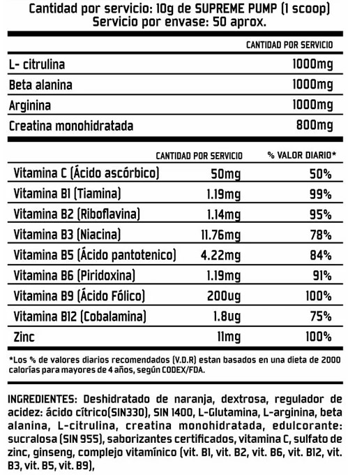 Supreme Pump Información Nutricional